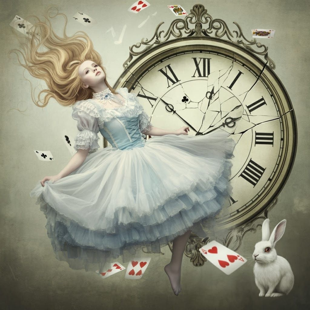 Young Woman Defies Gravity in Whimsical Wonderland Scene