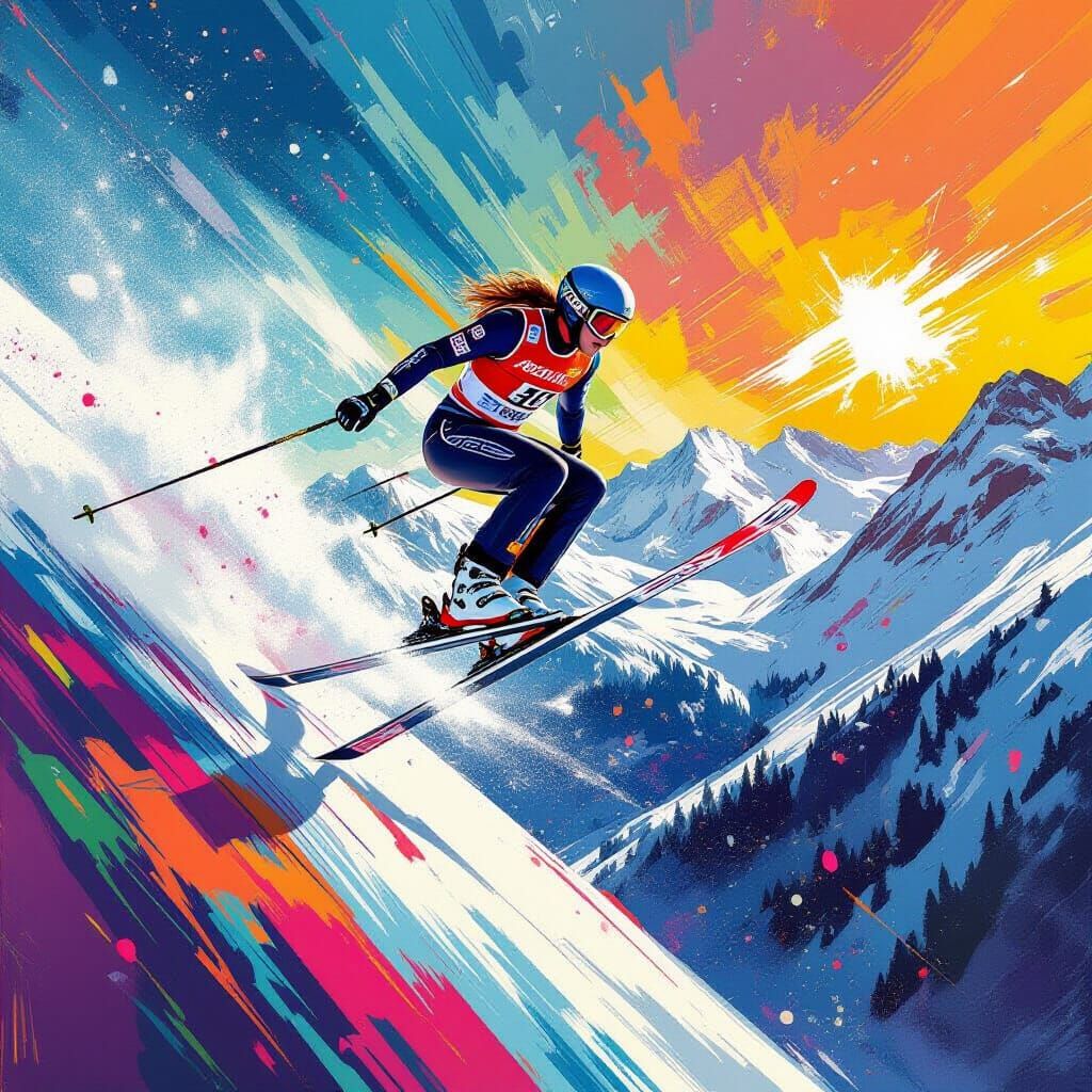 Ski Jumper in Colorful Graffiti Mountain, Kinetic Motion