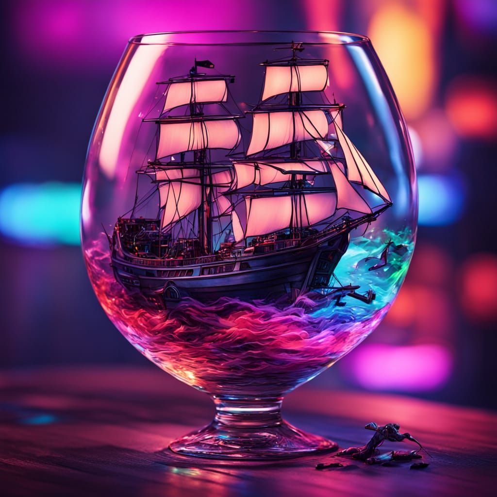 Cyberpunk Sailing Ship in Stormy Wine Glass