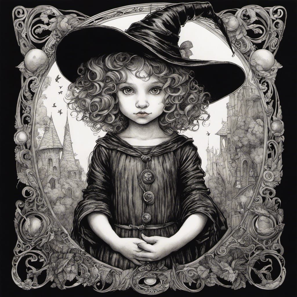 Charming Young Witch in Black and White Ink