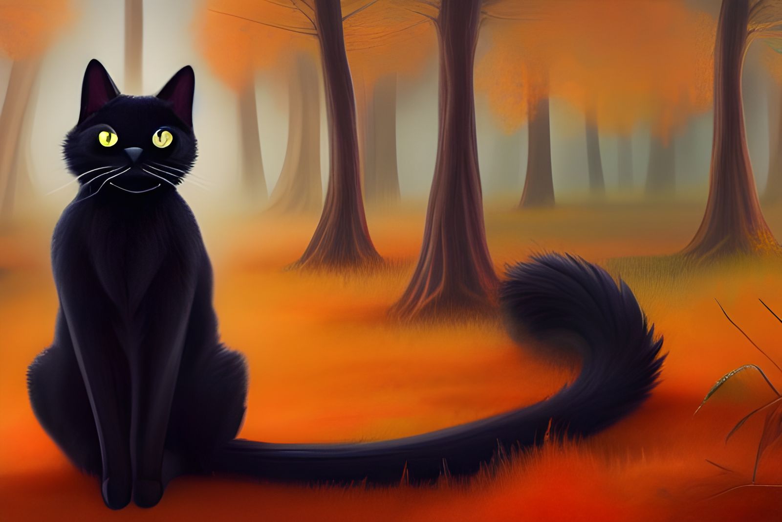 Black Cat in Autumn Forest: Detailed Digital Illustration