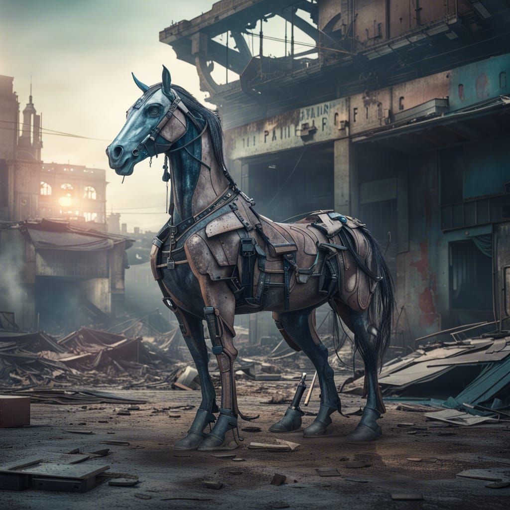 Animatronic Horse in Cyberpunk City Ruins