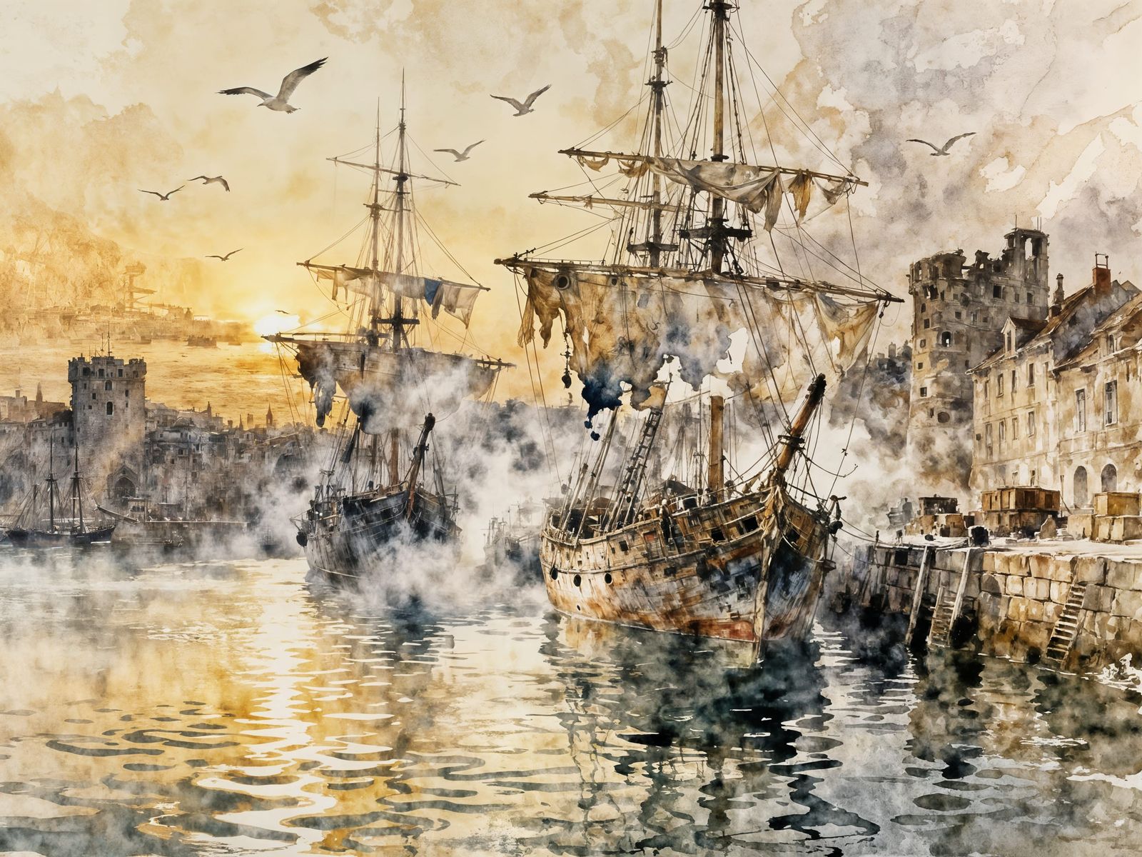 Vintage Harbor at Dusk: Ancient Ships and Fading Charm