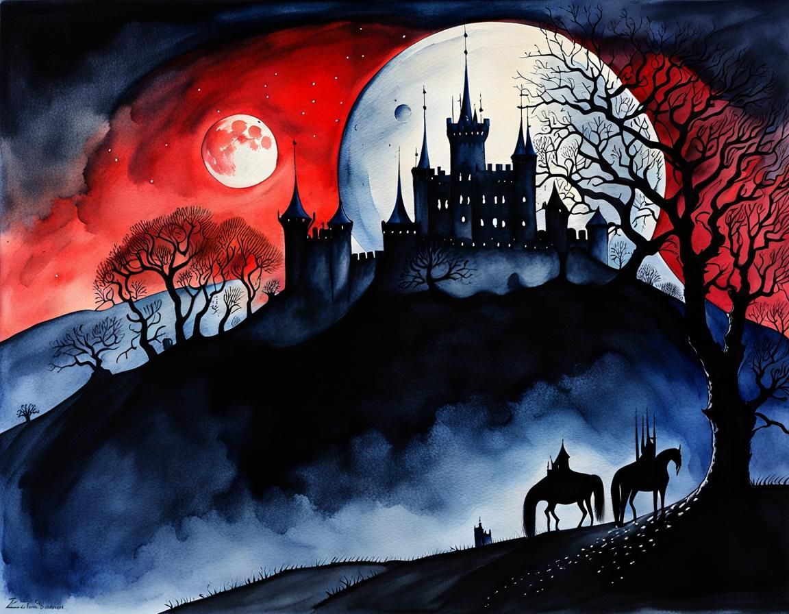 Gothic Castle Under Blood Moon in Watercolor
