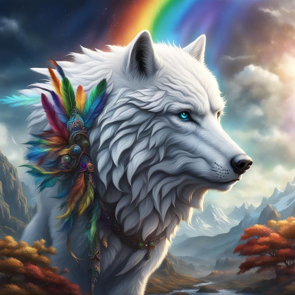Celestial White Wolf with Rainbow Feathers