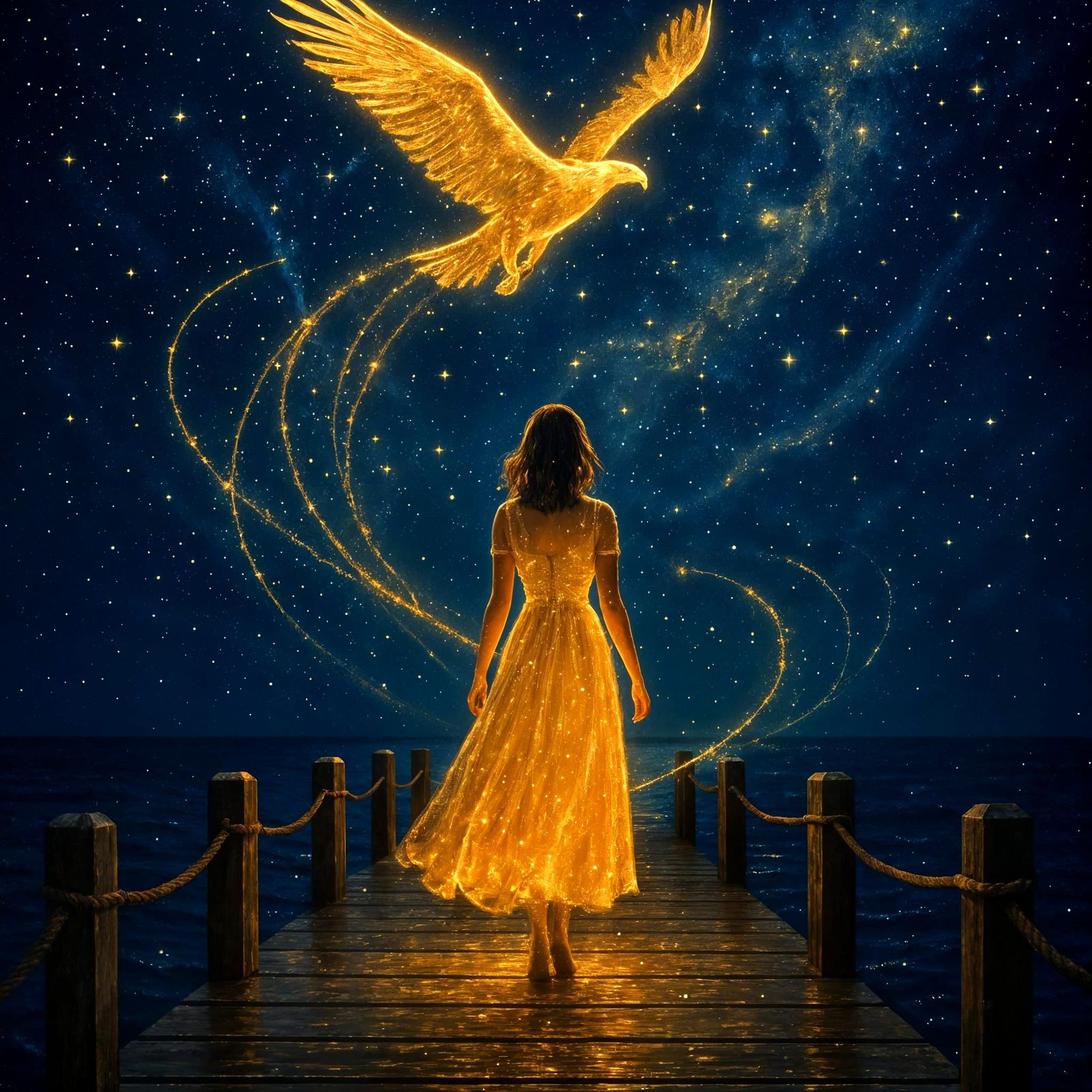 Ethereal Starlight Woman and Eagle at Night