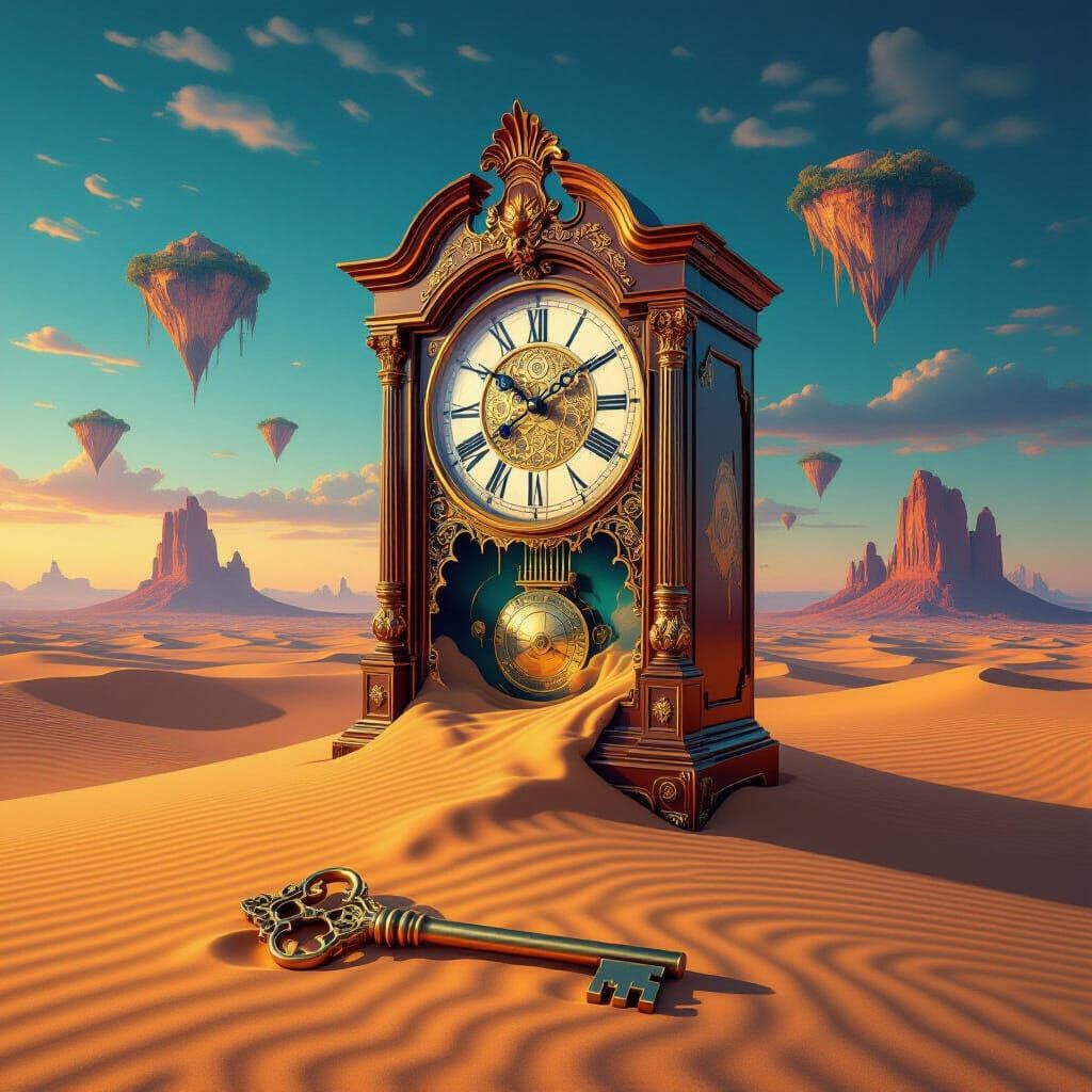Surreal Clock Melting into Desert Landscape with Floating Is...