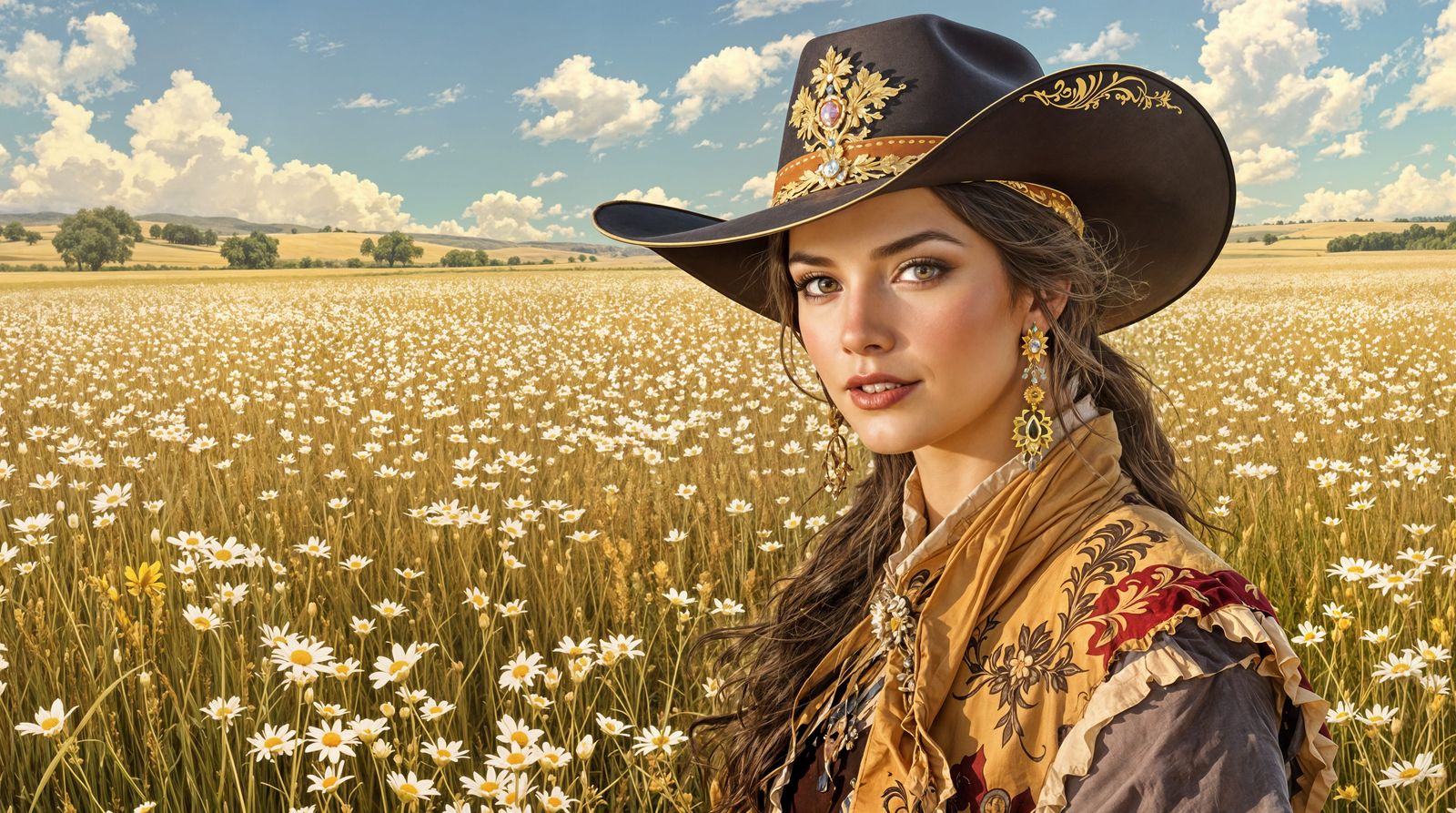 Beautiful Brunette Princess in Cowboy Attire, Surreal Fantas...