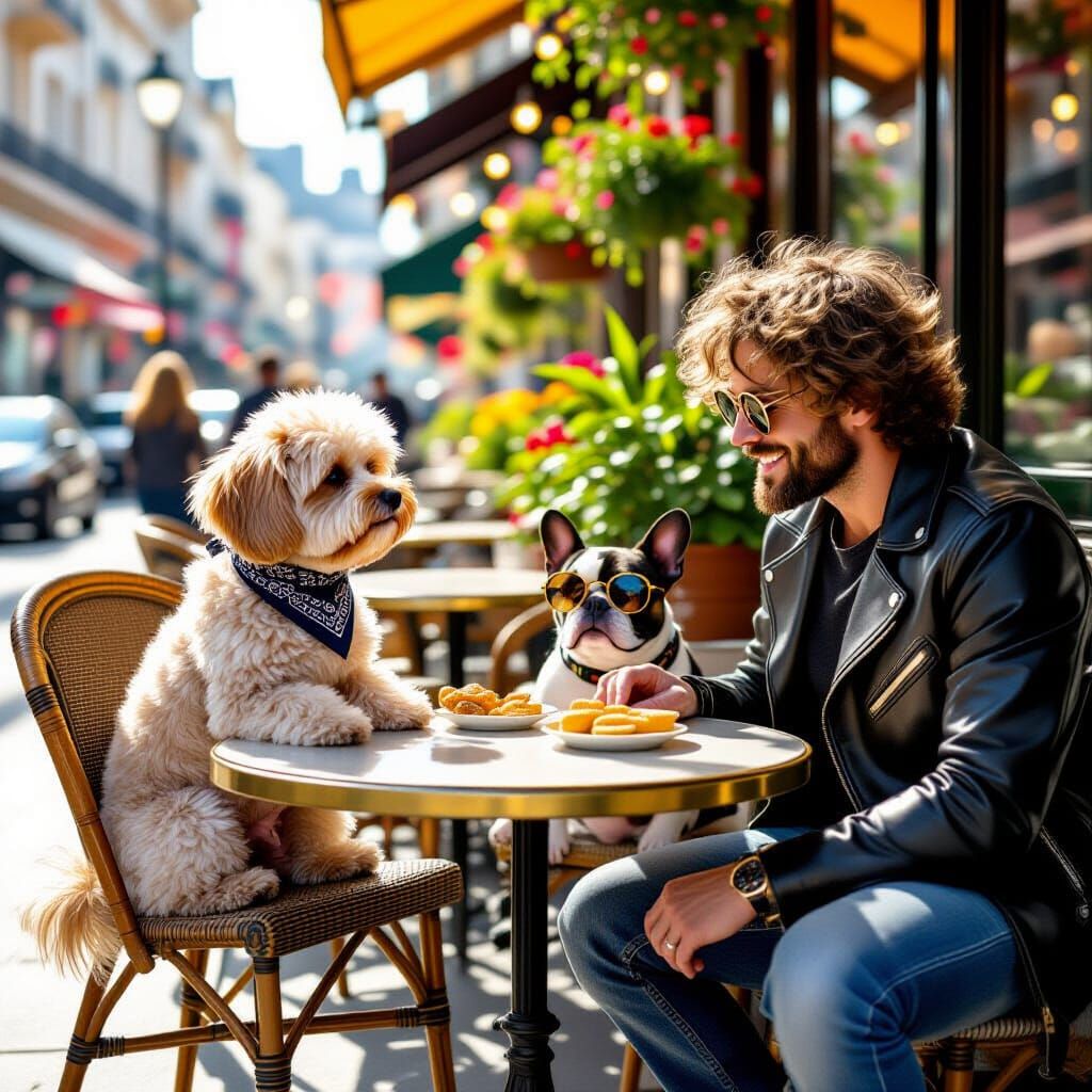 Cavapoo at Cafe in City Street, Photorealistic Style