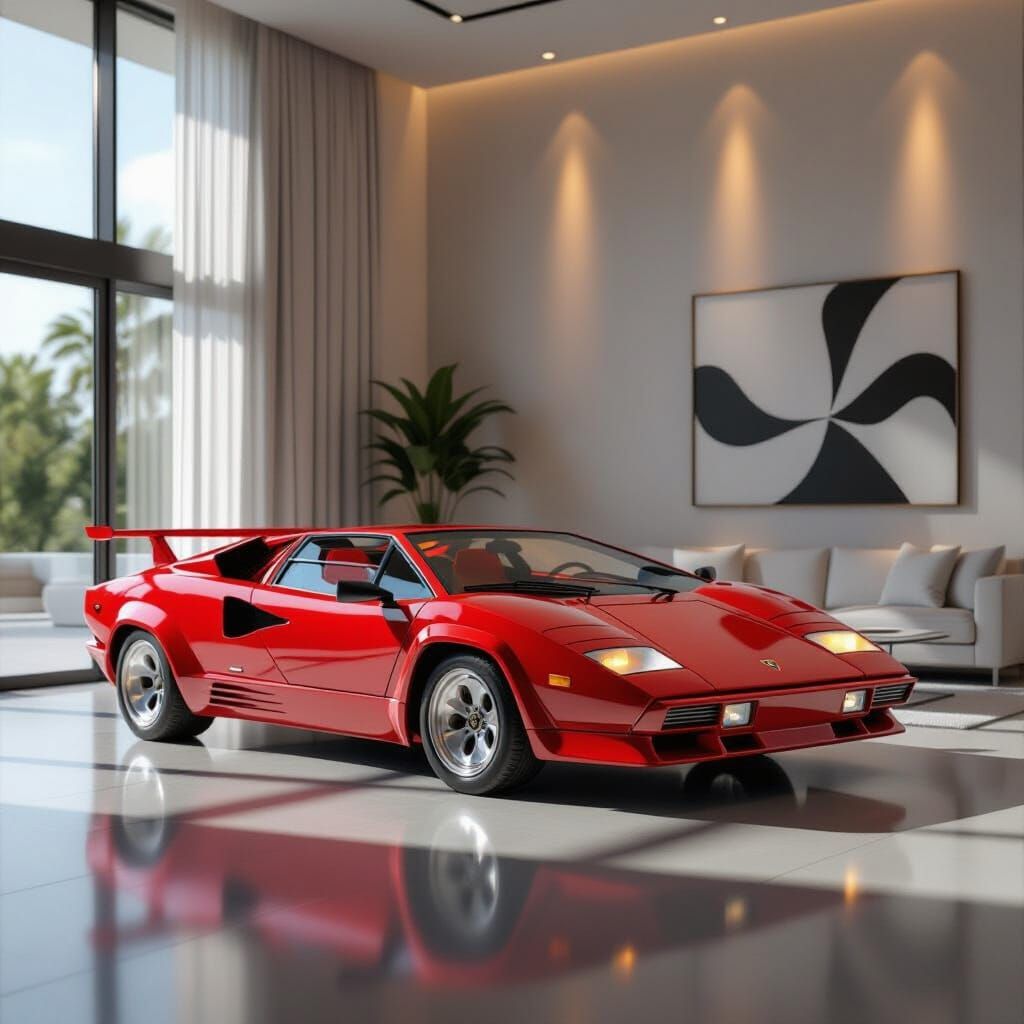 Red Lamborghini Countach Art in Luxury Living Room