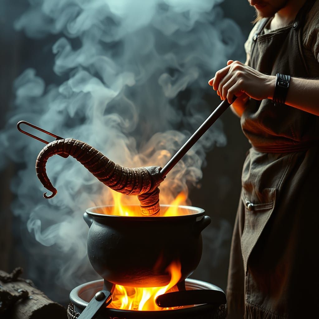 Dragonborn Alchemist Brewing Potion in Fiery Cauldron