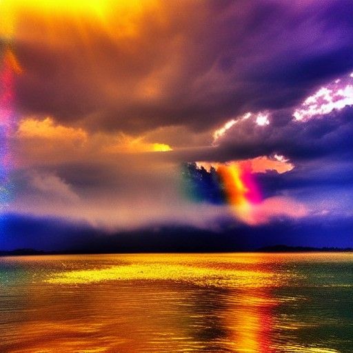 Thai Sunset Waterfall with Rainbow and Clouds