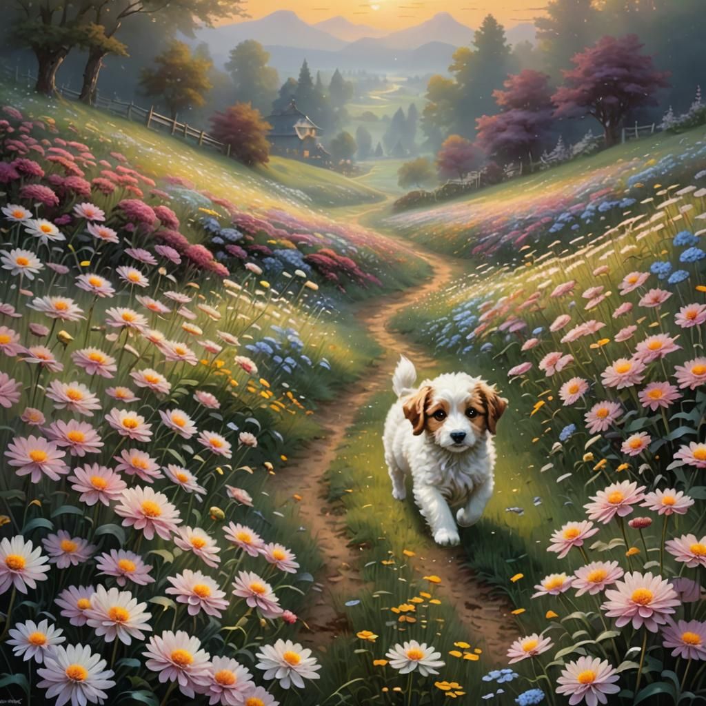 Puppy Runs Through Chrysanthemums in Kinkade Style