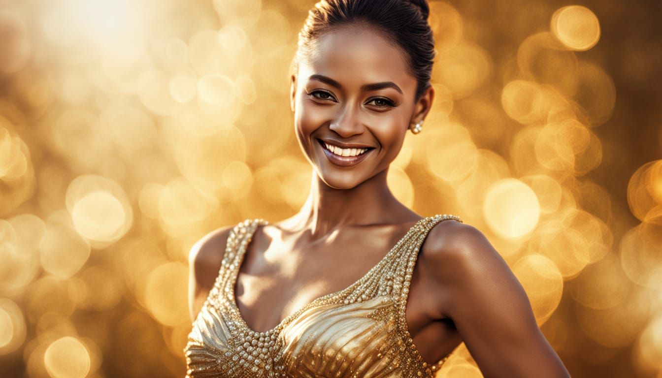 Smiling Woman in Gold Pearl Dress, Hyper-Realistic Photo