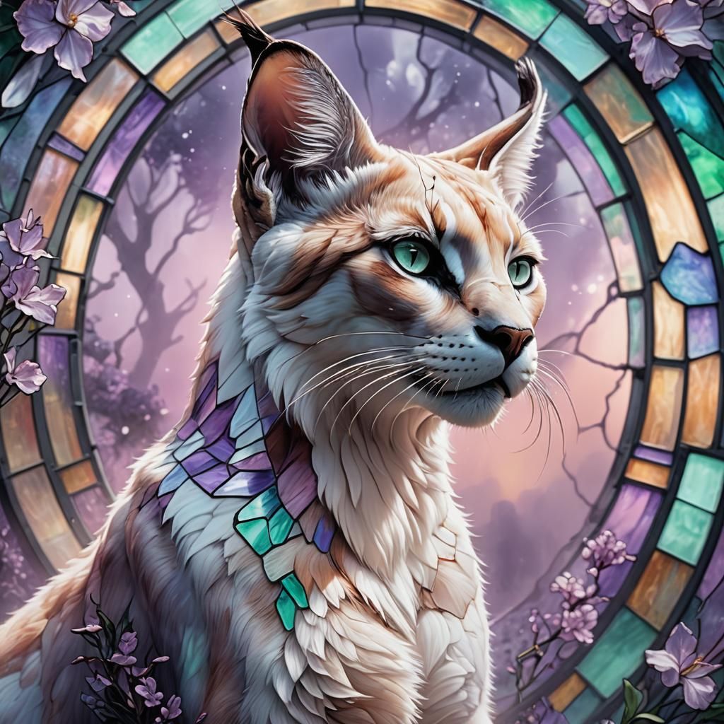 Biomechanical Caracal in Stained Glass: Digital Art