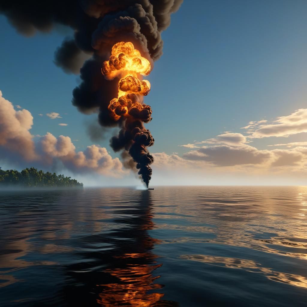 Smoke and Fire Over Water in Hyperrealistic 3D