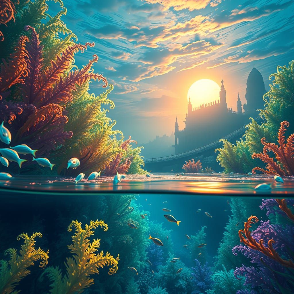 Surreal Underwater Metropolis in Iridescent Hues
