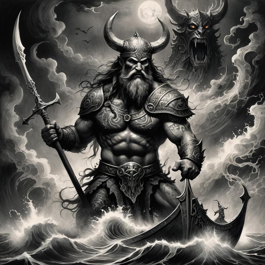 Nordic Sea God Tattoo Art in Pencil Style