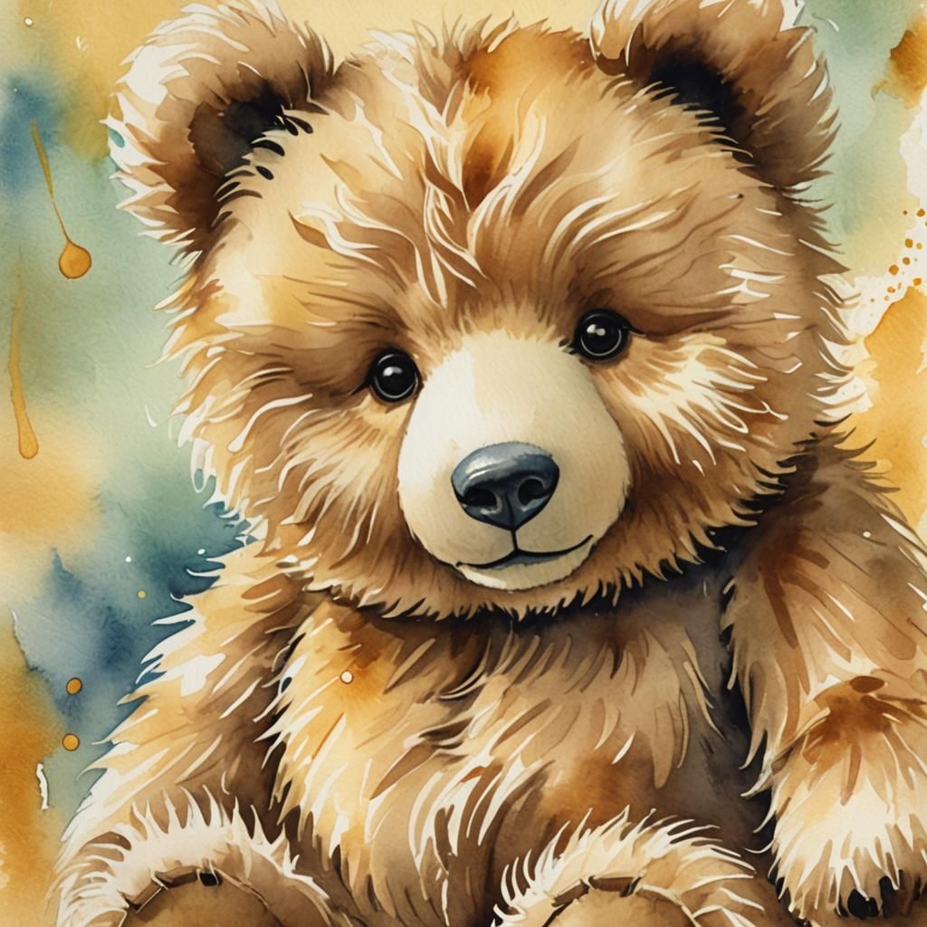Watercolor Teddy Bear Illustration with Golden Tones