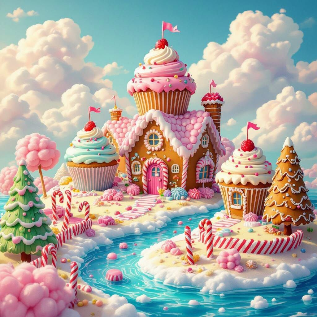 Colorful Candy Island with Cupcake Houses, Illustrative Styl...