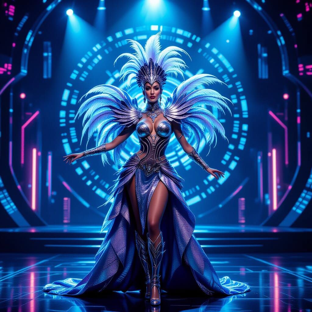 Biomechanical Showgirl in Metallic Costume on Futuristic Sta...