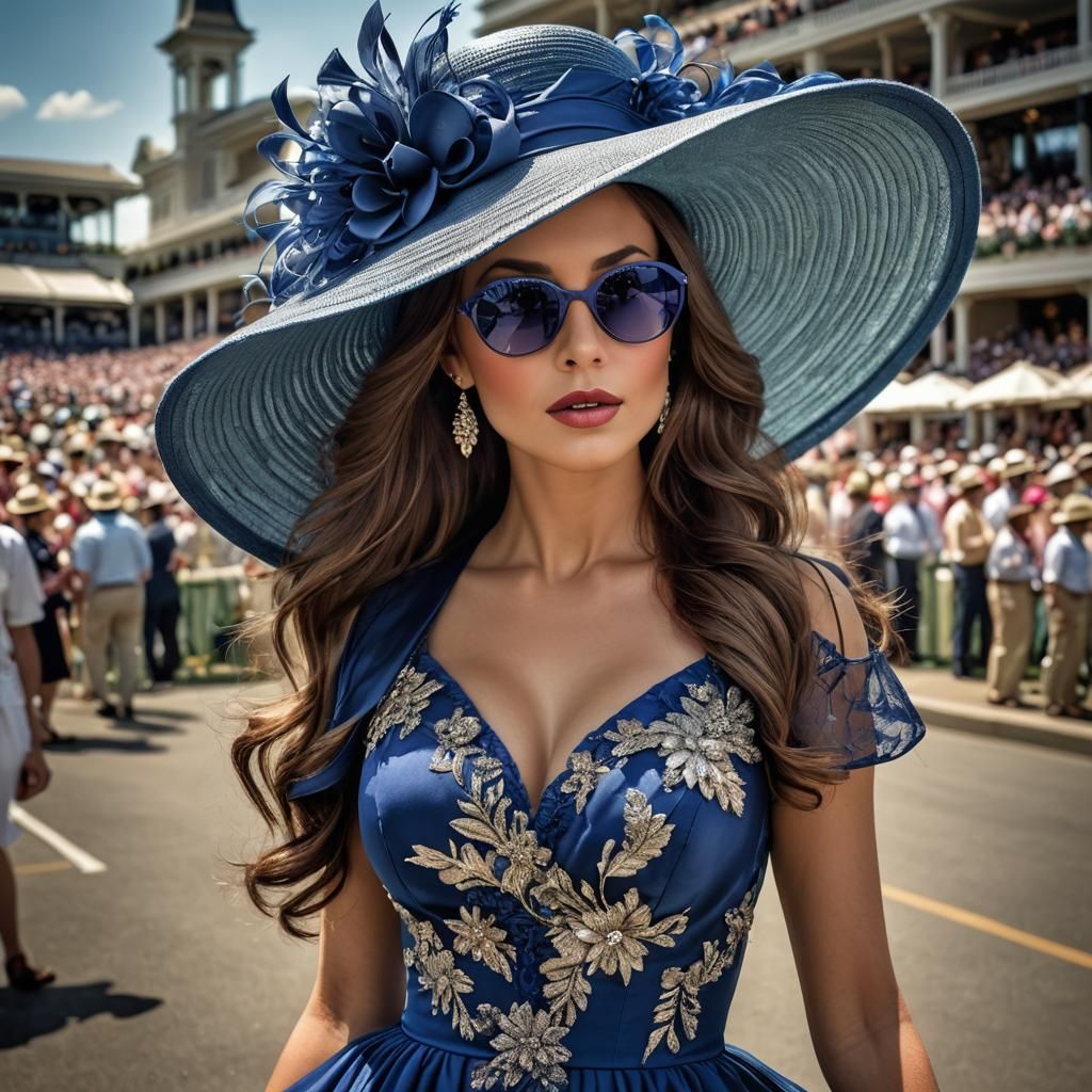 Woman in Blue at Kentucky Derby: Hyperrealistic