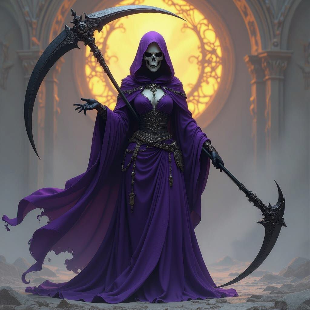 Sinister Skull-Faced Woman in Amethyst Robes with Scythe