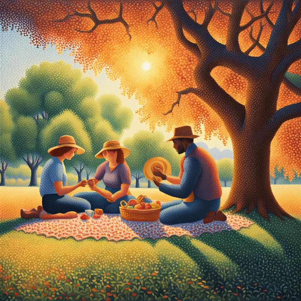 Pointillist Picnic Scene with Stippling Details