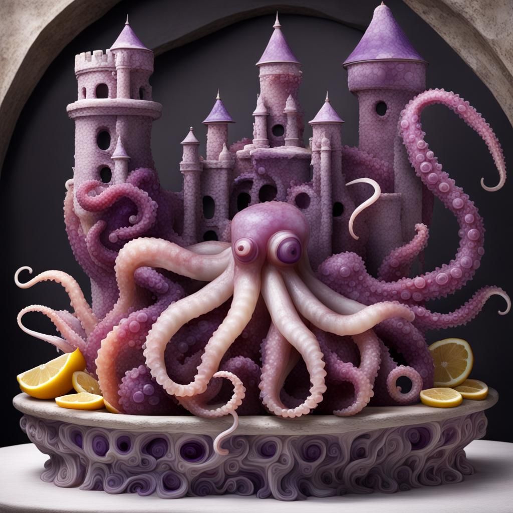 Calamari and purple octopus tentacle used as structural elements in a castle made of seafood and aspic.