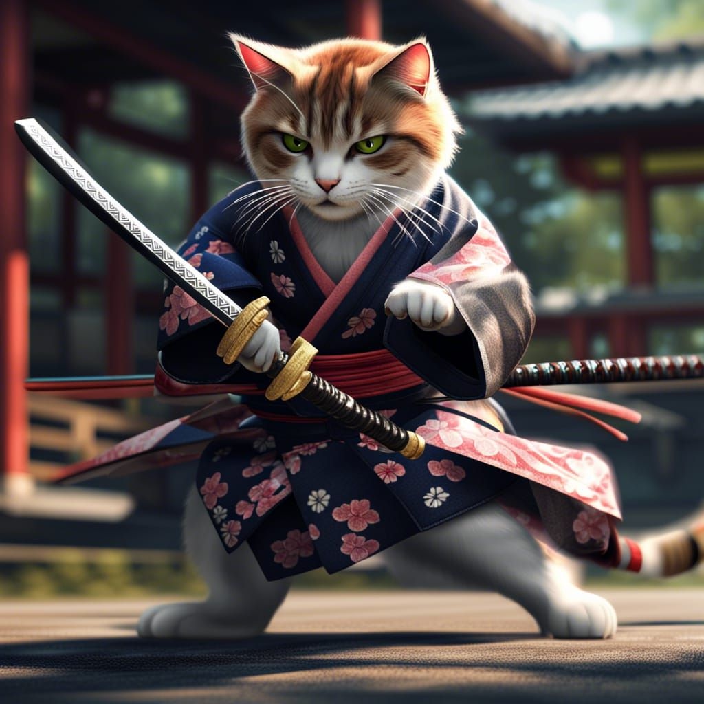 Samurai Cat Attacks Opponent in Training Ground