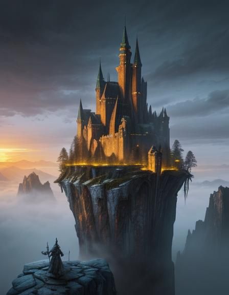 Floating Island Fortress in Matte Illustration Style