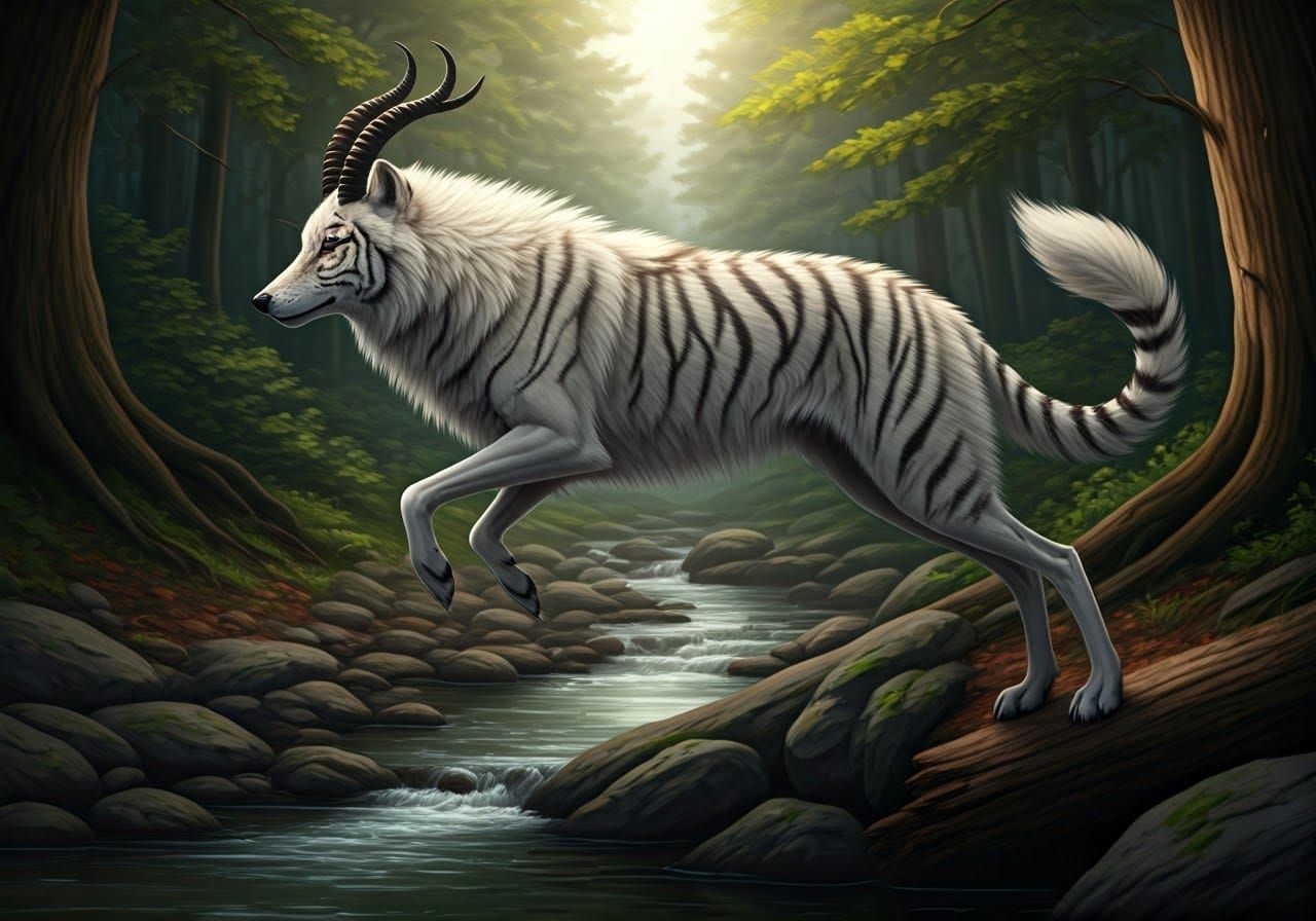 Striped White Wolf Leaping Over River Rocks