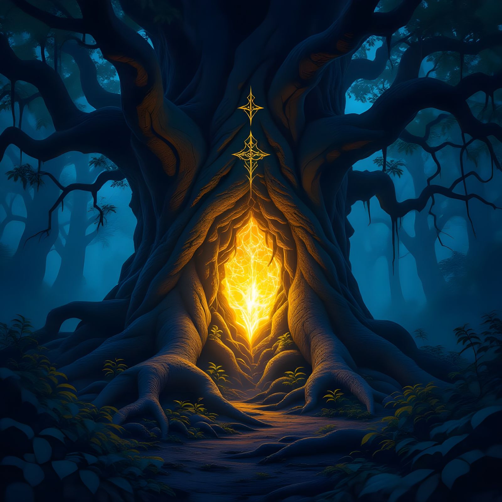 Mysterious Light Entity in Dark Fantasy Forest