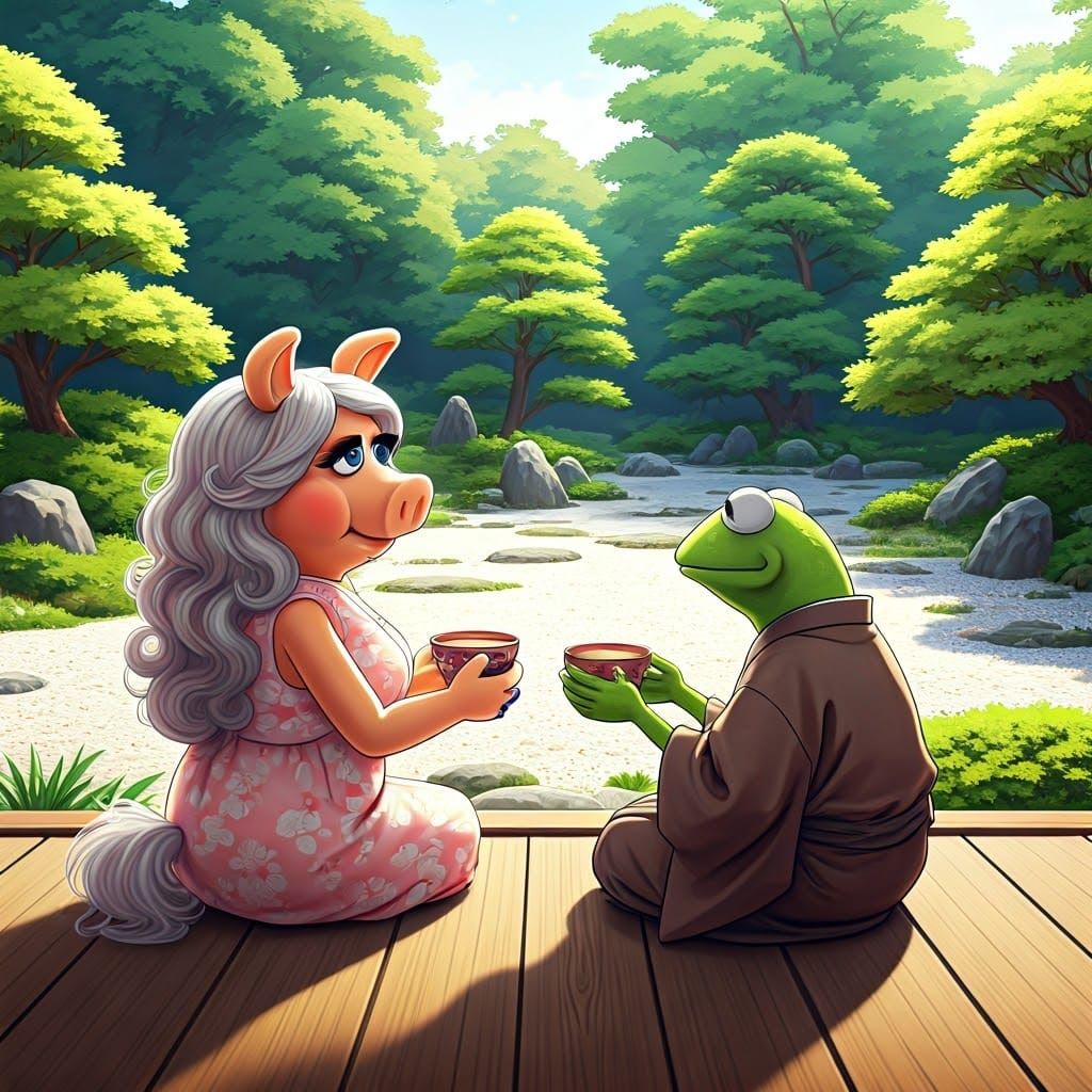 Idyllic Muppet Moment in a Serene Japanese Garden