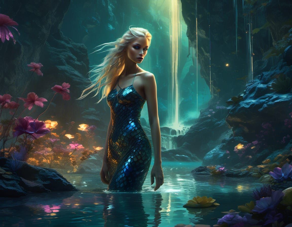 Cyberpunk Mermaid Rising from Silver Pond at Midnight