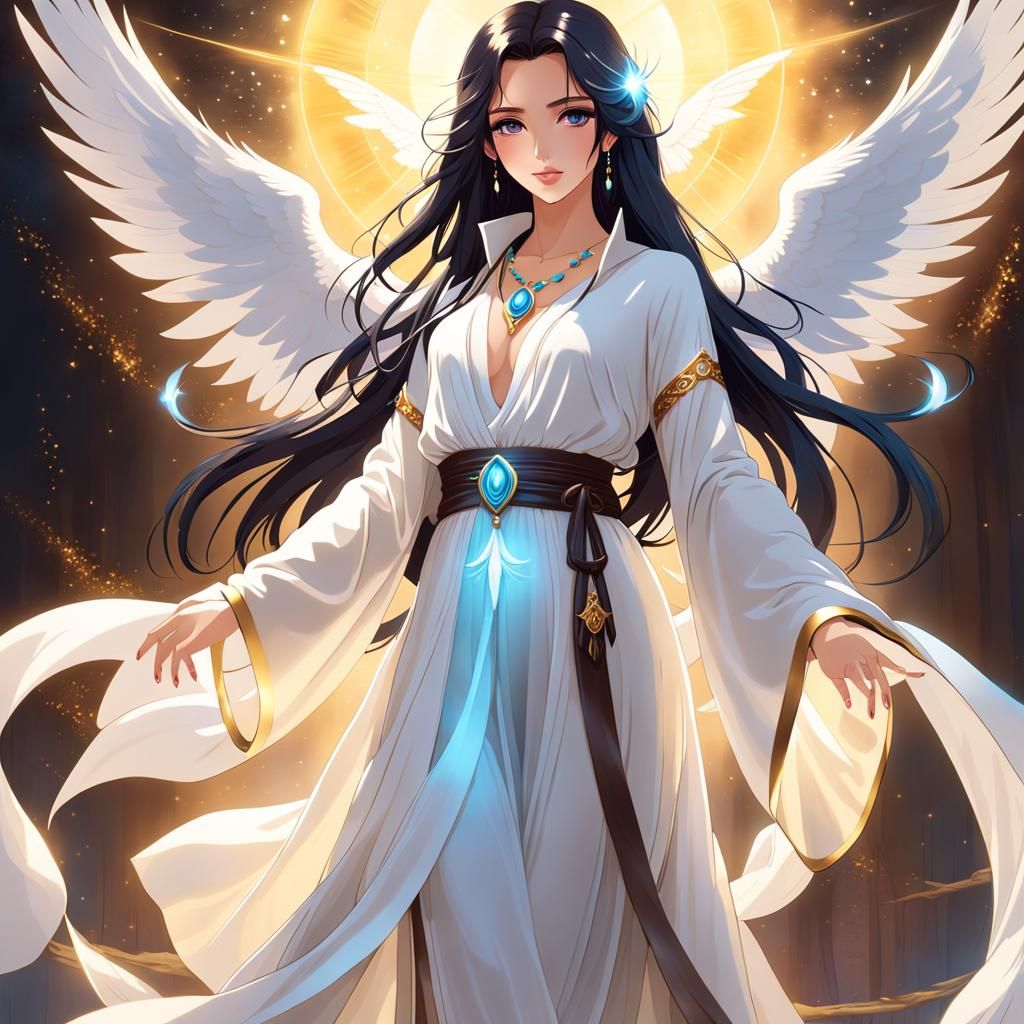 Anime Angel with Black Hair and Gossamer Wings