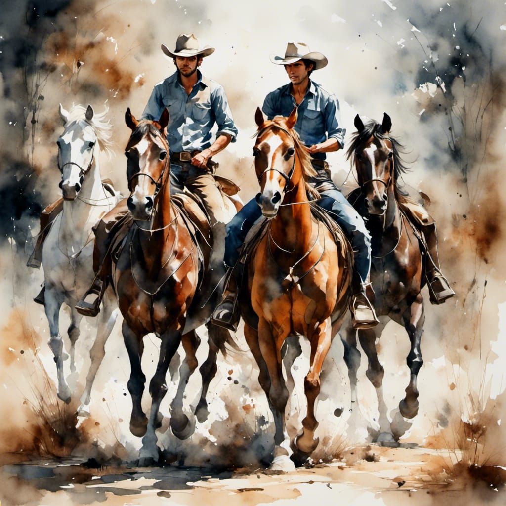Young Cowboy Riding Two Horses in Watercolor Style