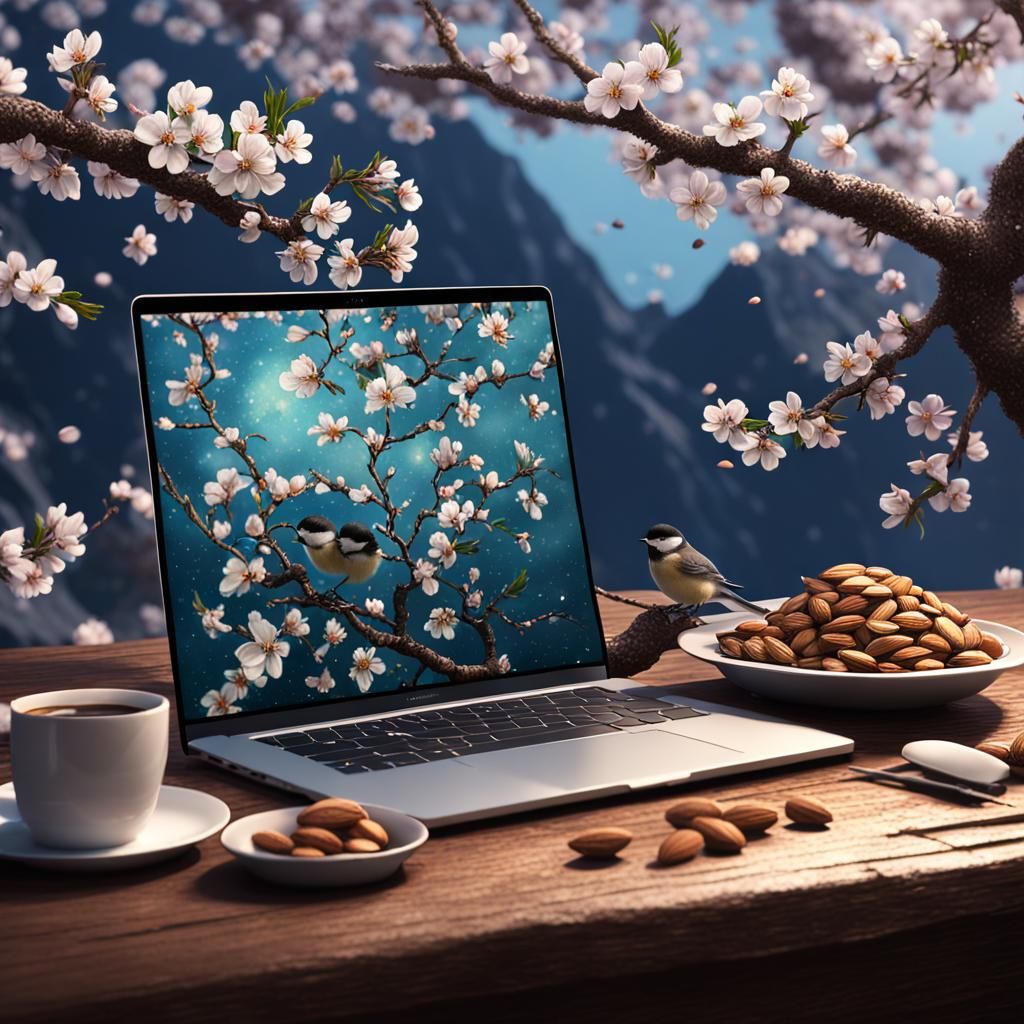 Chickadee on MacBook with Almond Blossoms