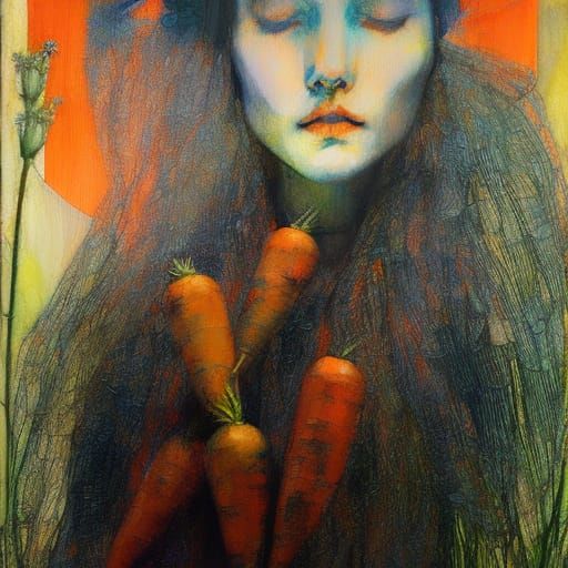 Girl Holding Carrots: Surreal Mixed Media Art