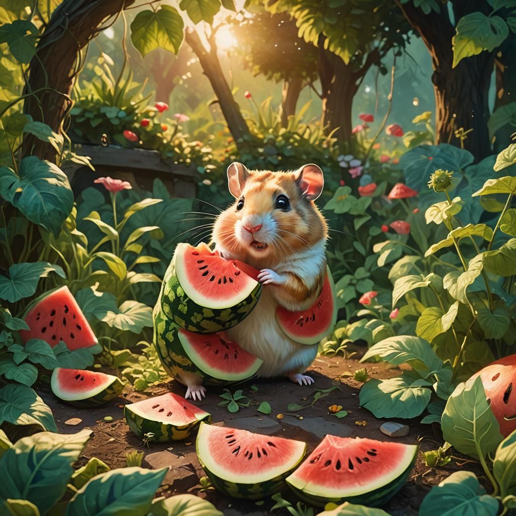 Hamster's Watermelon Feast in Lush Garden