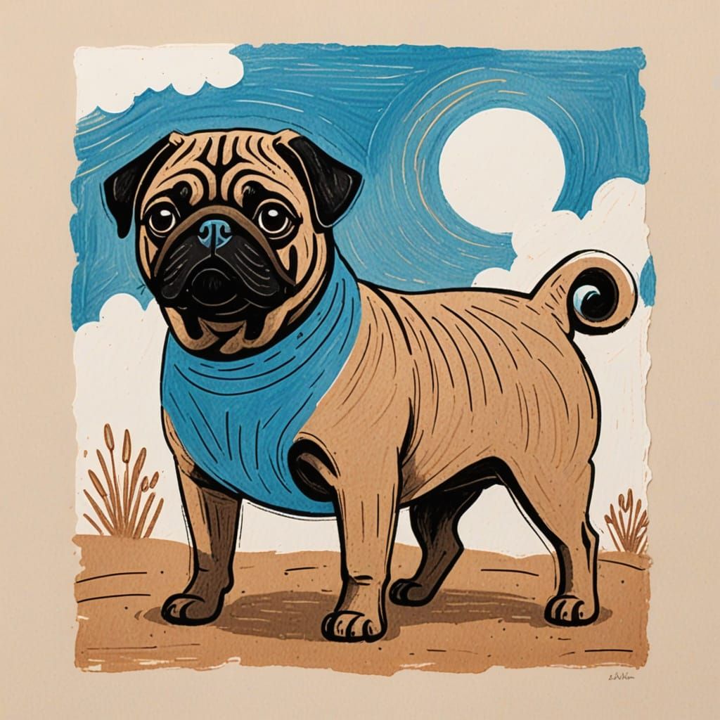 Whimsical Blue and Brown Pug in Springtime