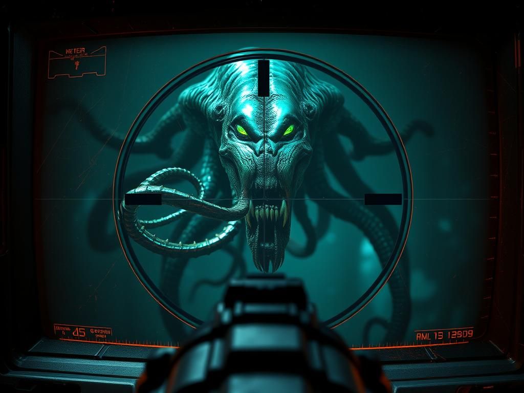 High-Contrast Sci-Fi HUD with Alien Creature