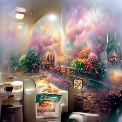 Ethereal Taco Bell Bathroom Fantasy in Kinkade Style