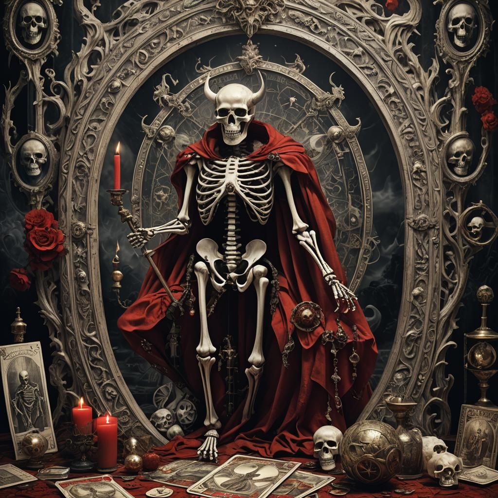 The Devil Tarot Card with Skeleton and Mirror