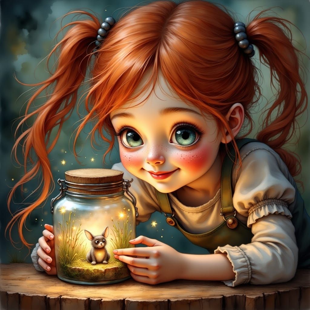 <lora:Ink Poet:1.0> Close up of A little redheaded girl with...