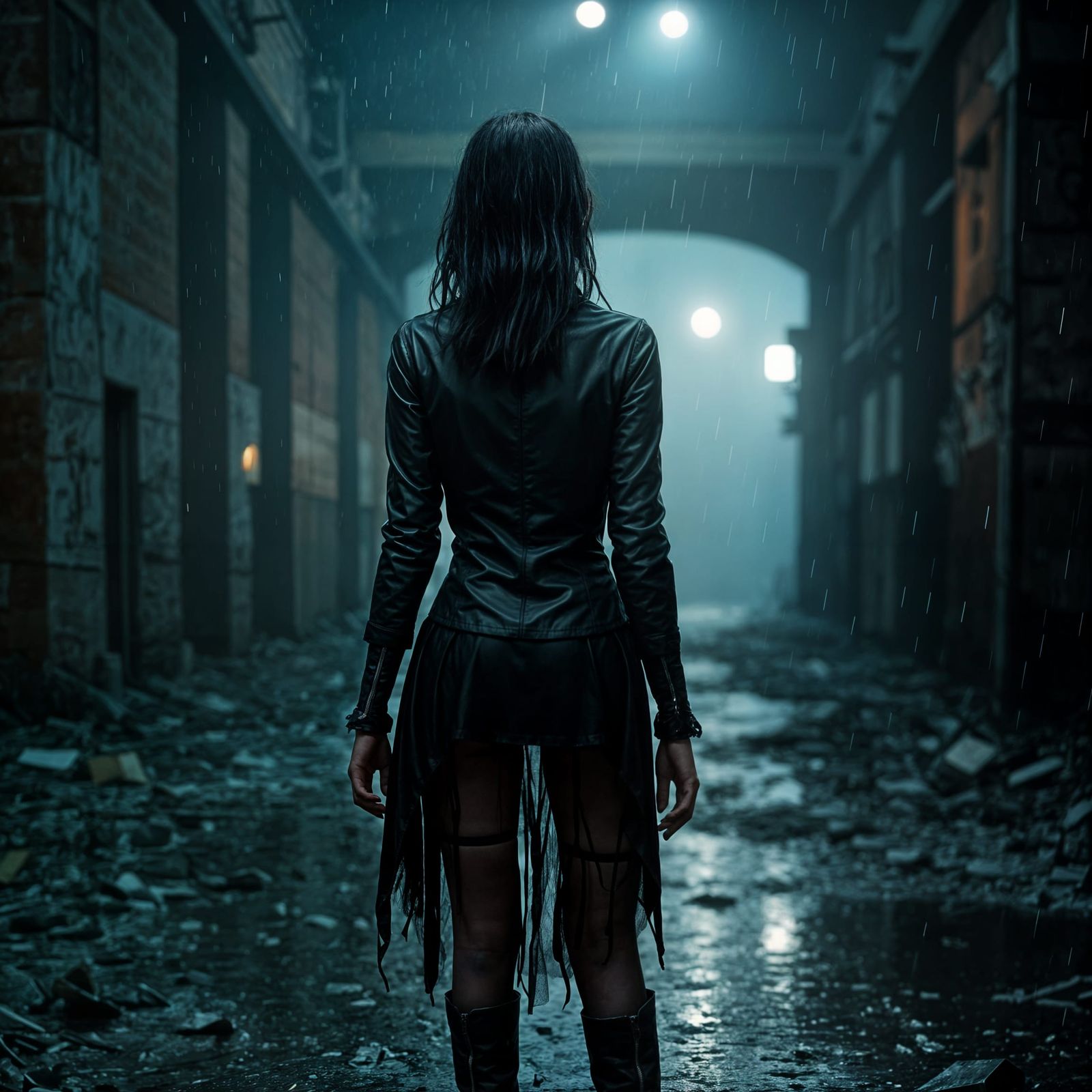 Gothic Woman in Abandoned Factory Ruins at Night