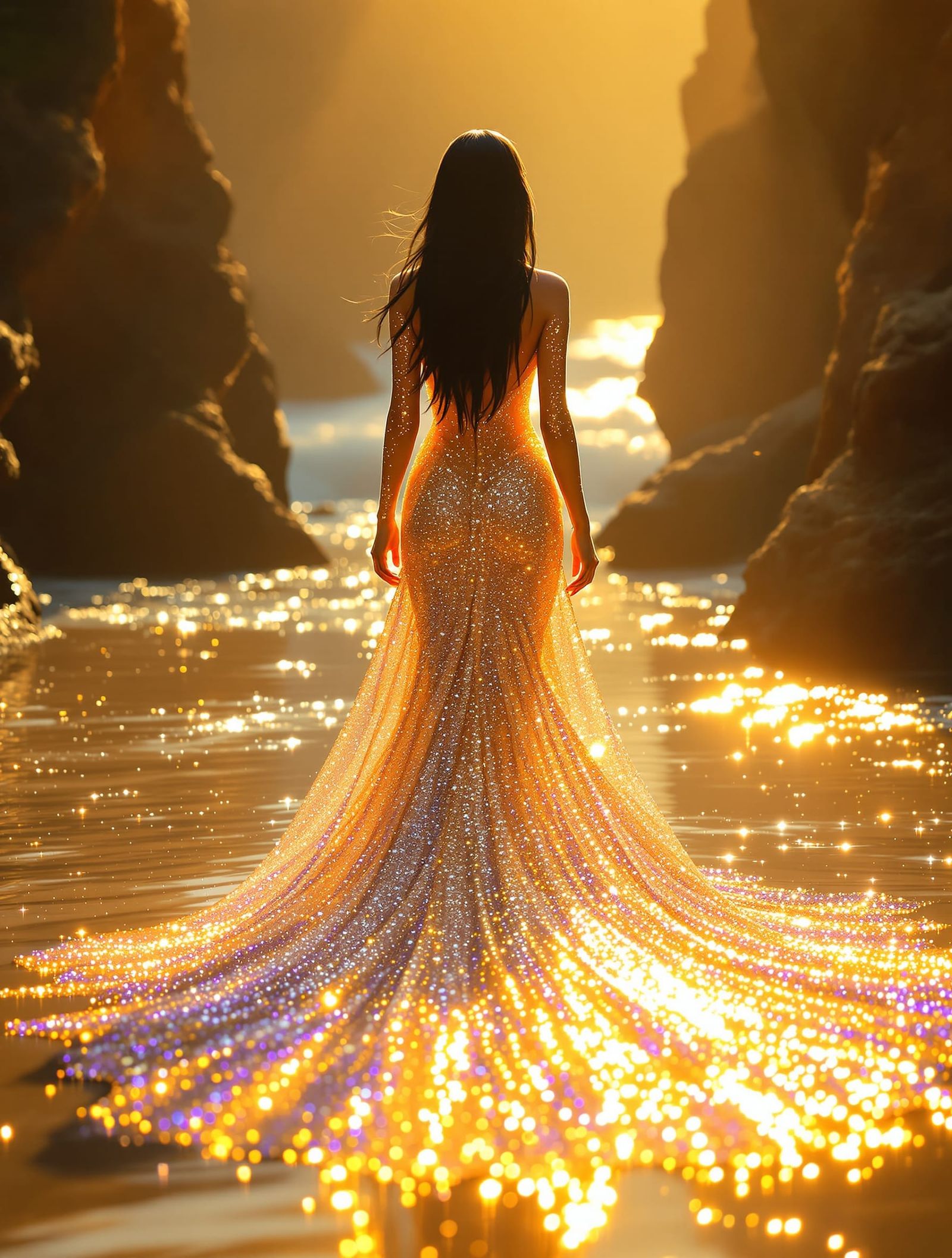 Woman in Shimmering Gown in Golden Sunset Light