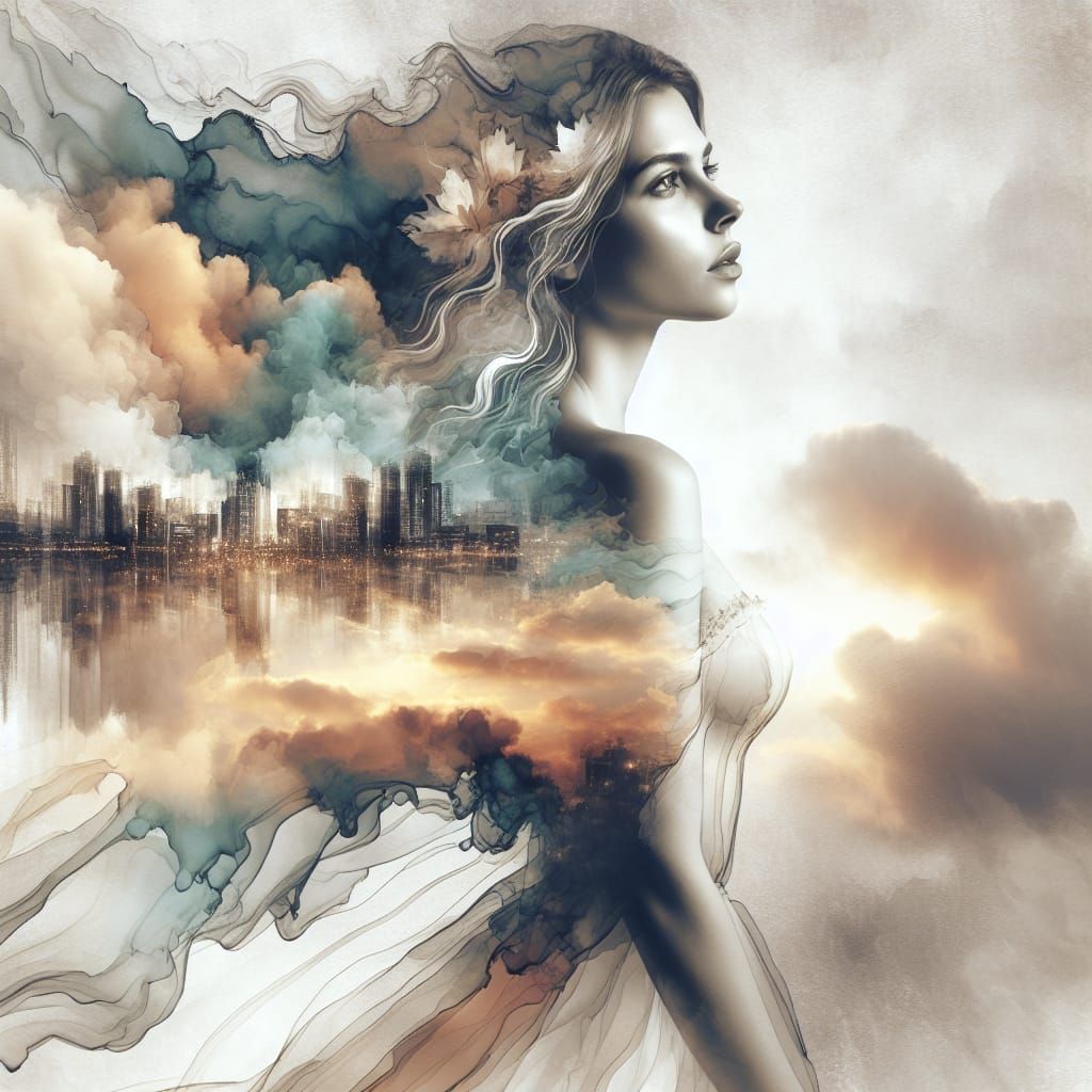 Monochromatic Double Exposure Portrait in Alcohol Ink Style