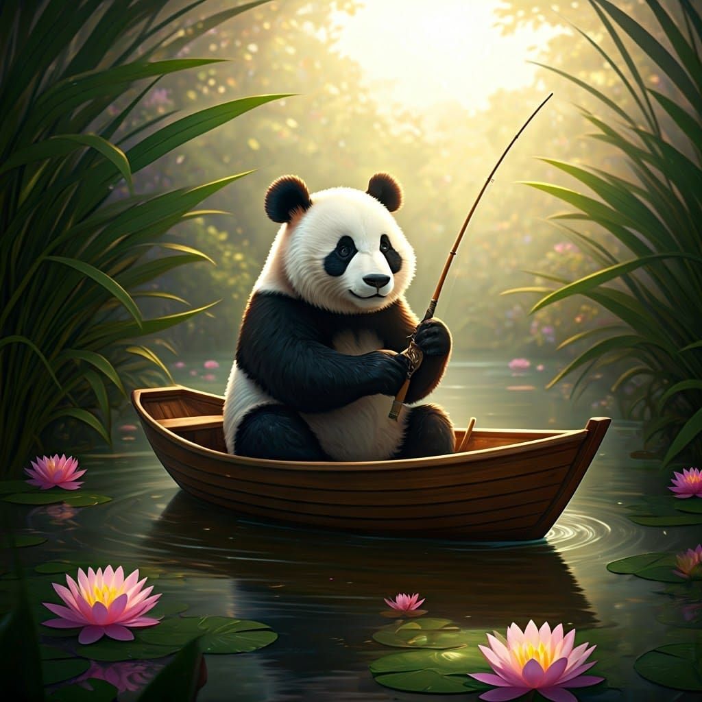 Panda Fishing in Boat: Hyperrealistic Digital Art