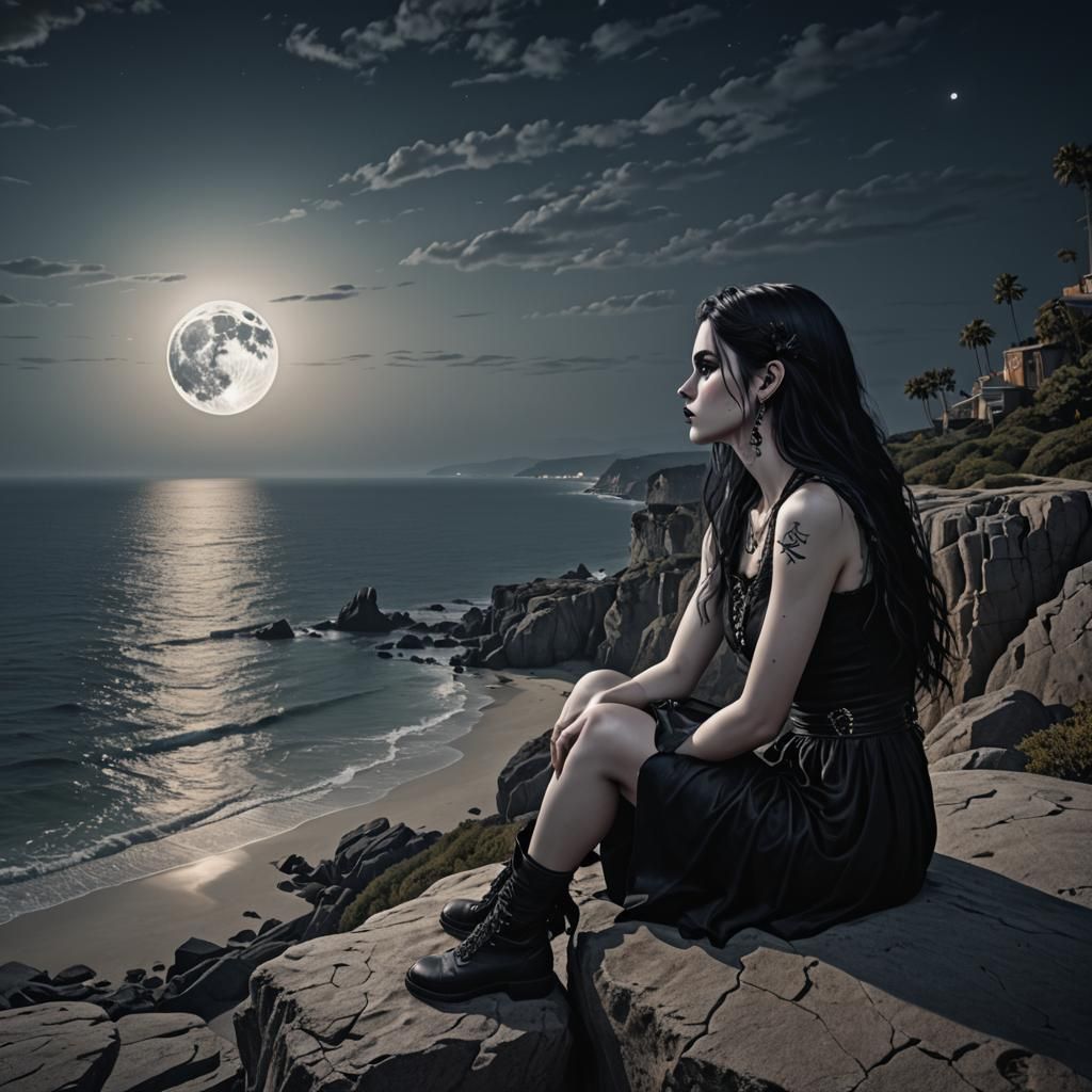 Heartbroken Goth Girl Under Full Moon